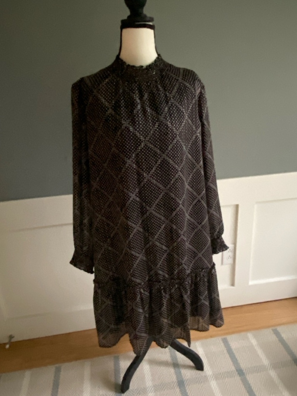 J. Crew Black Patterned Long-Sleeve Drop-Waist Dress